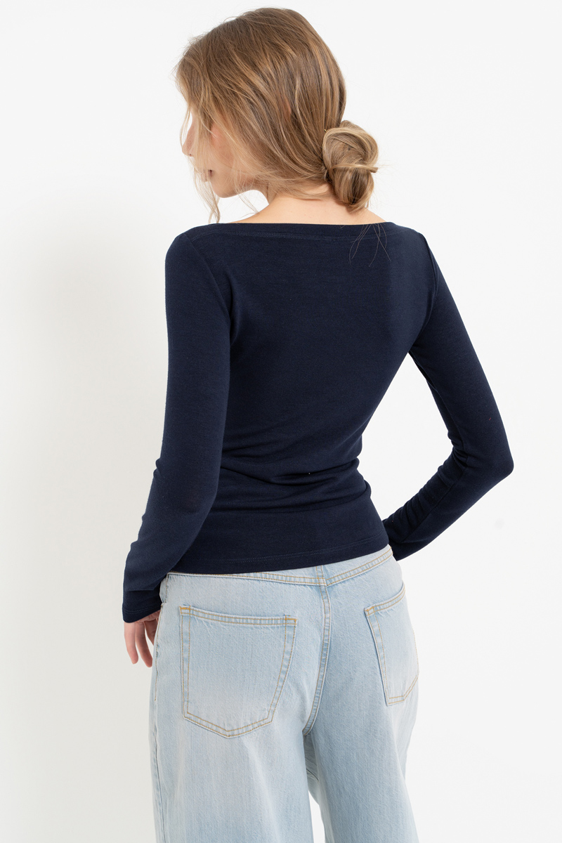 Navy Boat-Neck Long-Sleeve Top