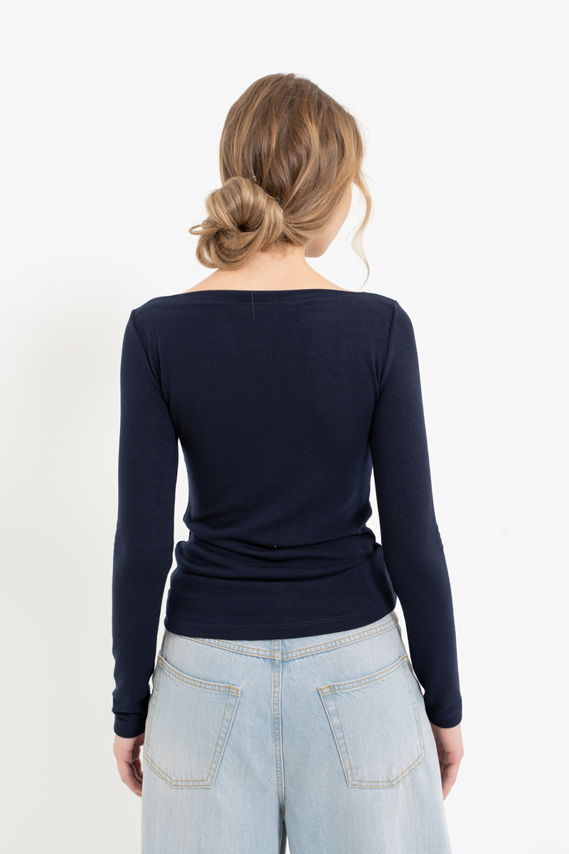 Navy Boat-Neck Long-Sleeve Top