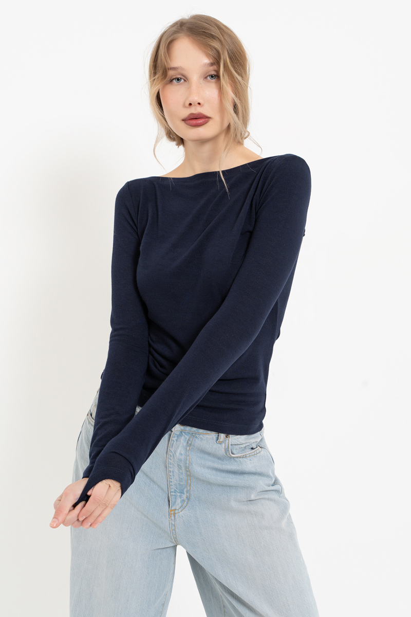 Navy Boat-Neck Long-Sleeve Top