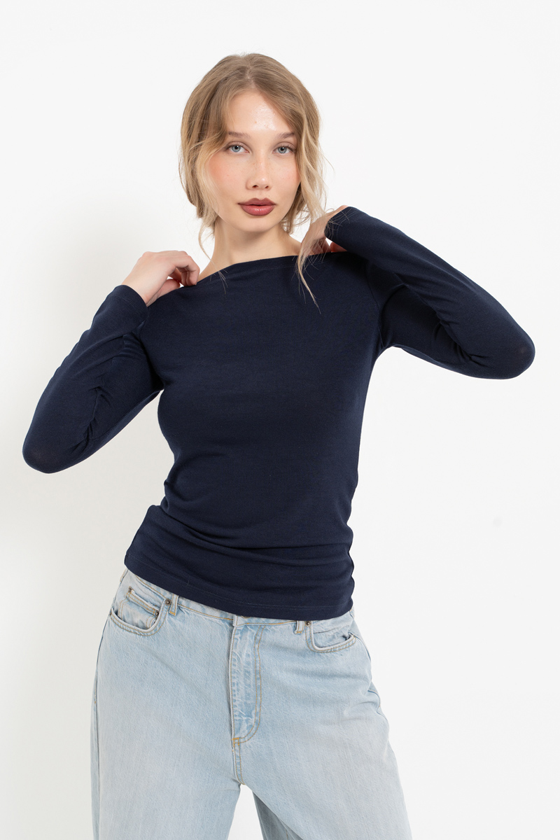 Navy Boat-Neck Long-Sleeve Top