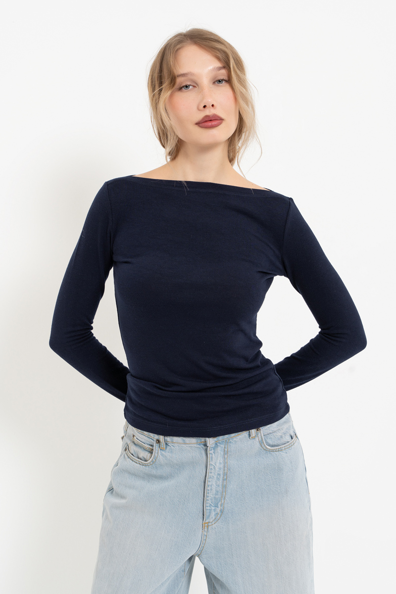 Navy Boat-Neck Long-Sleeve Top