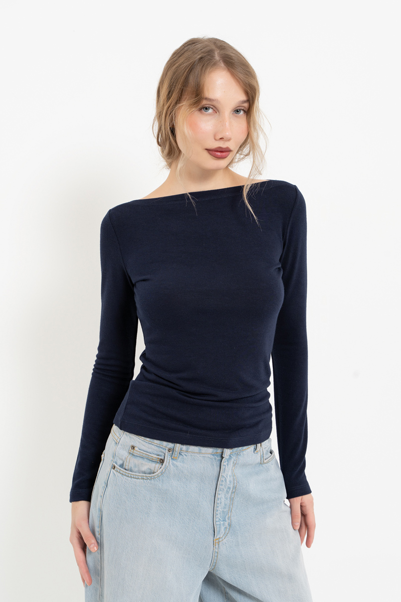 Navy Boat-Neck Long-Sleeve Top