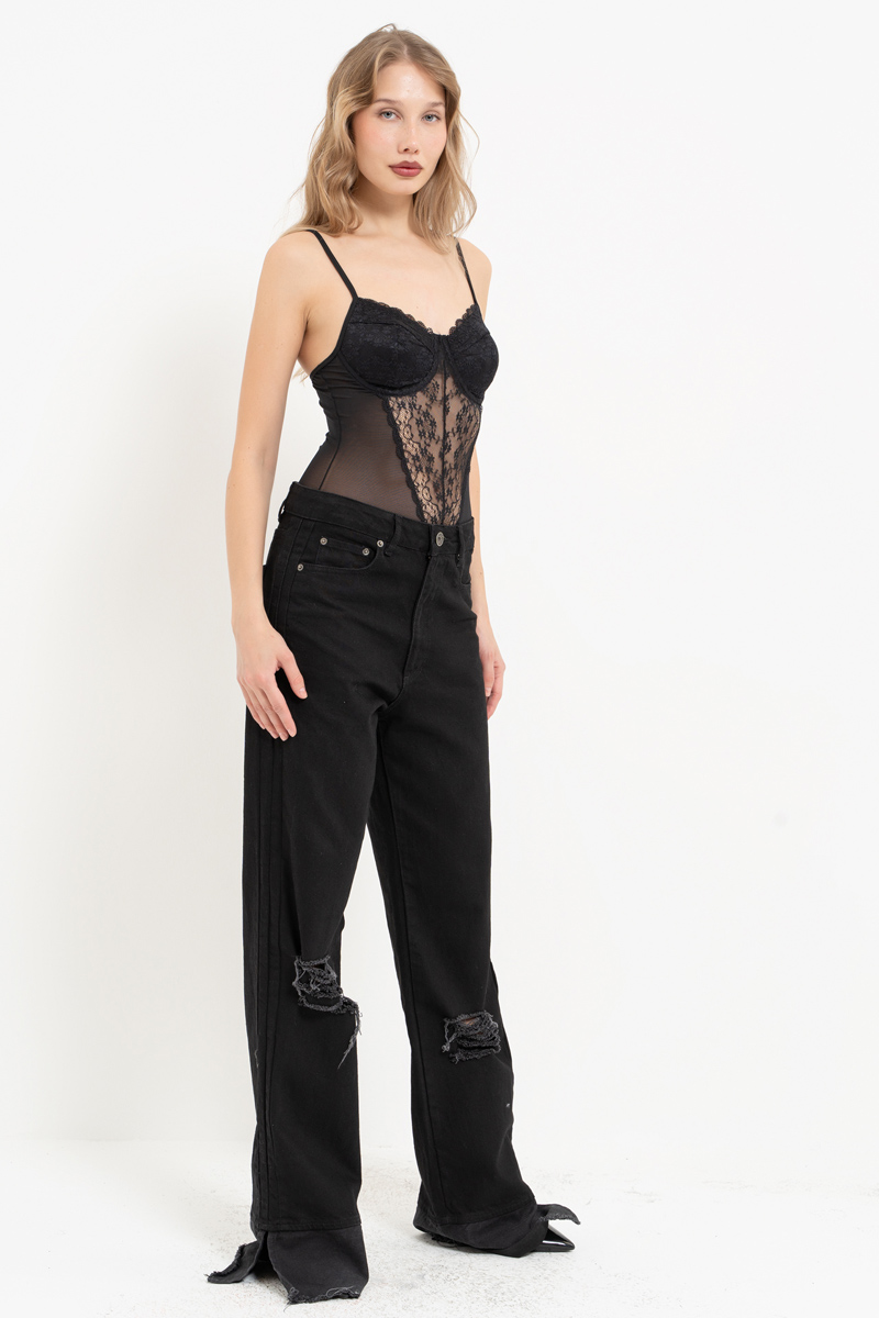 Black Cami Lace Bodysuit with Snap Crotch