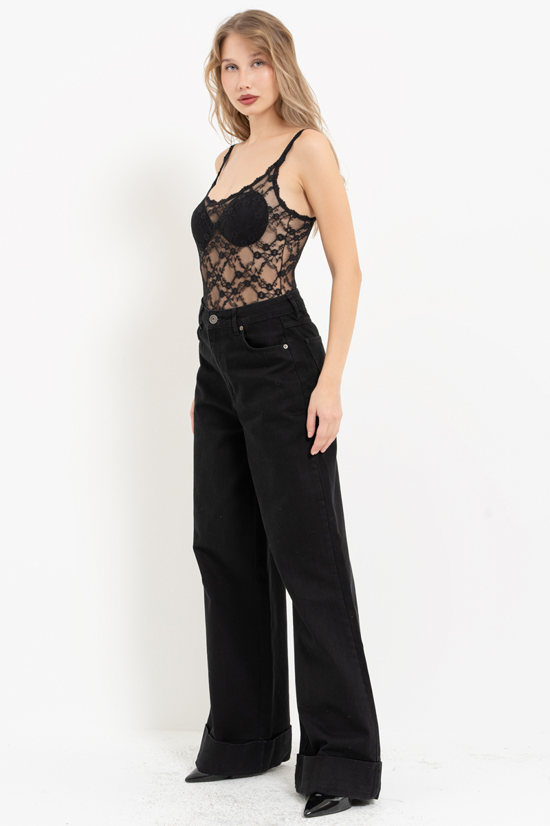 Black Cami Lace Bodysuit with Snap Crotch