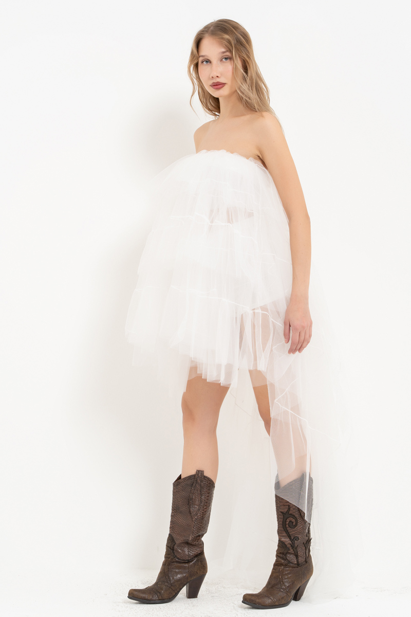 Tulle Detail Strapless Offwhite Sheer Mini Dress