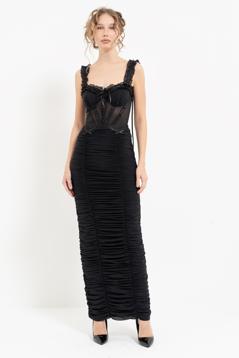 Black Ruffle-Trim Ruched Maxi Dress