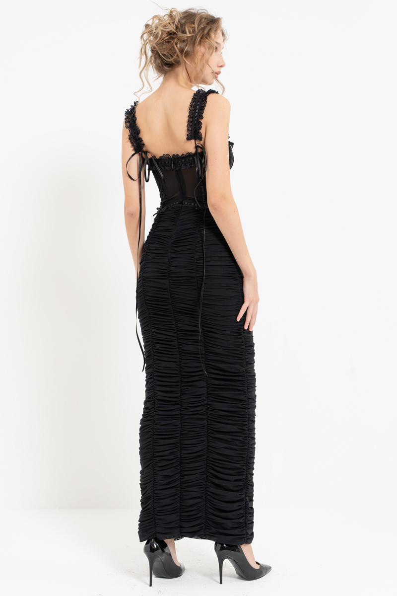 Black Ruffle-Trim Ruched Maxi Dress