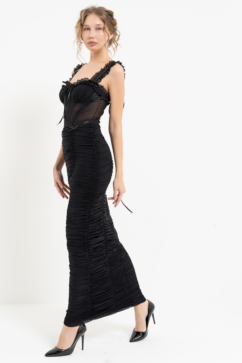 Black Ruffle-Trim Ruched Maxi Dress