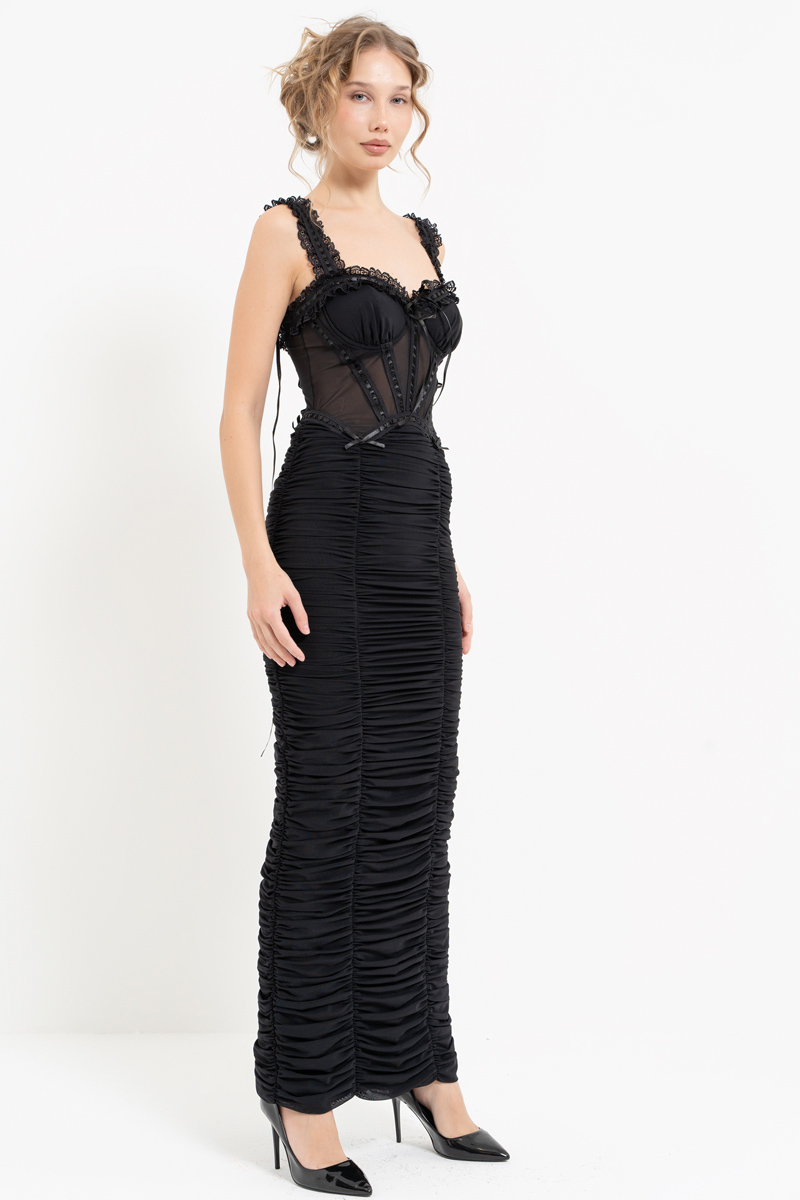 Black Ruffle-Trim Ruched Maxi Dress