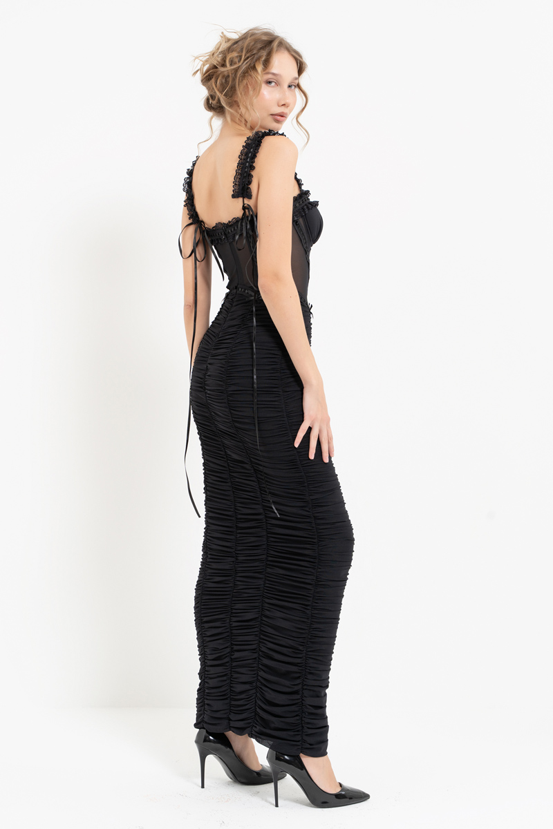 Black Ruffle-Trim Ruched Maxi Dress