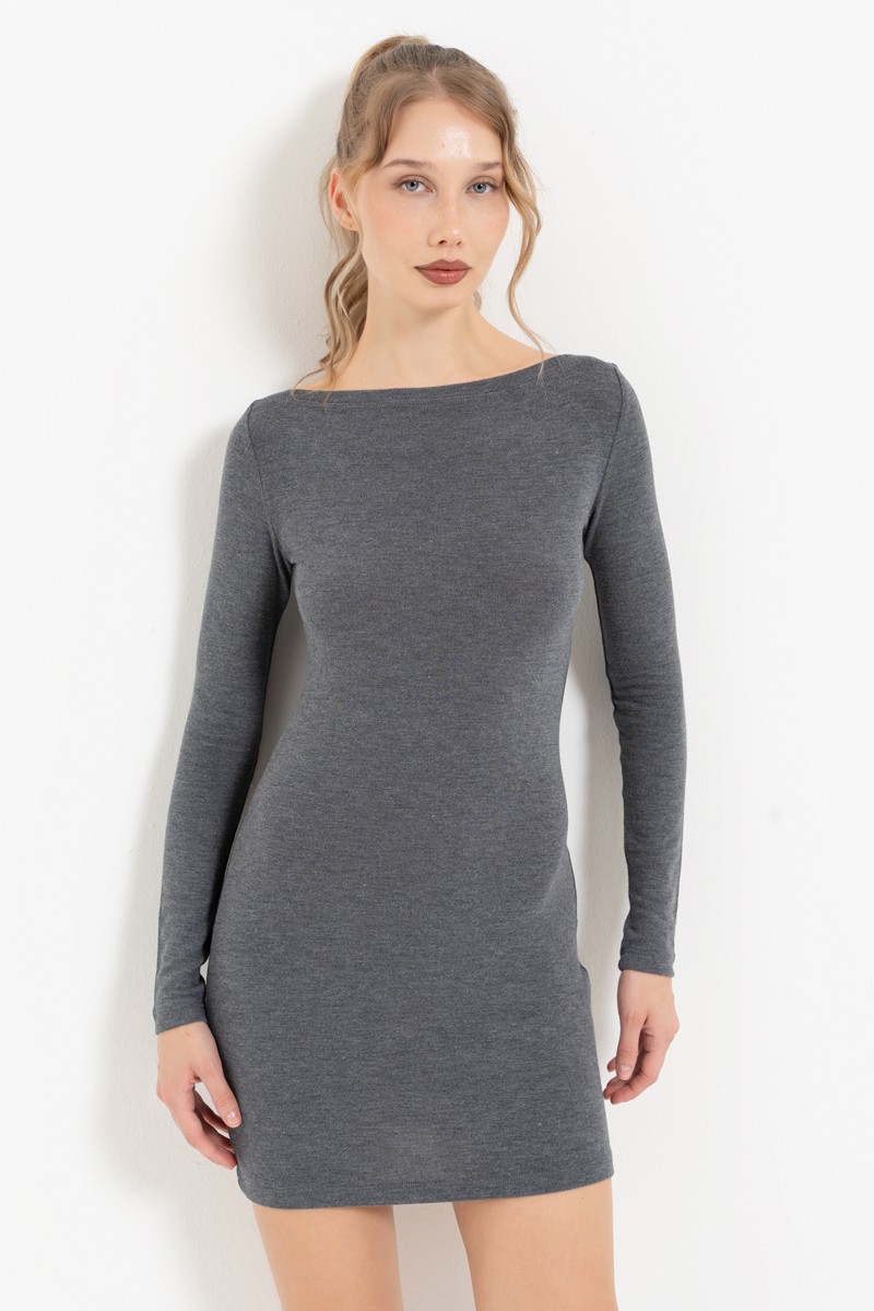 Antrasit Boat-Neck Long-Sleeve Mini Dress