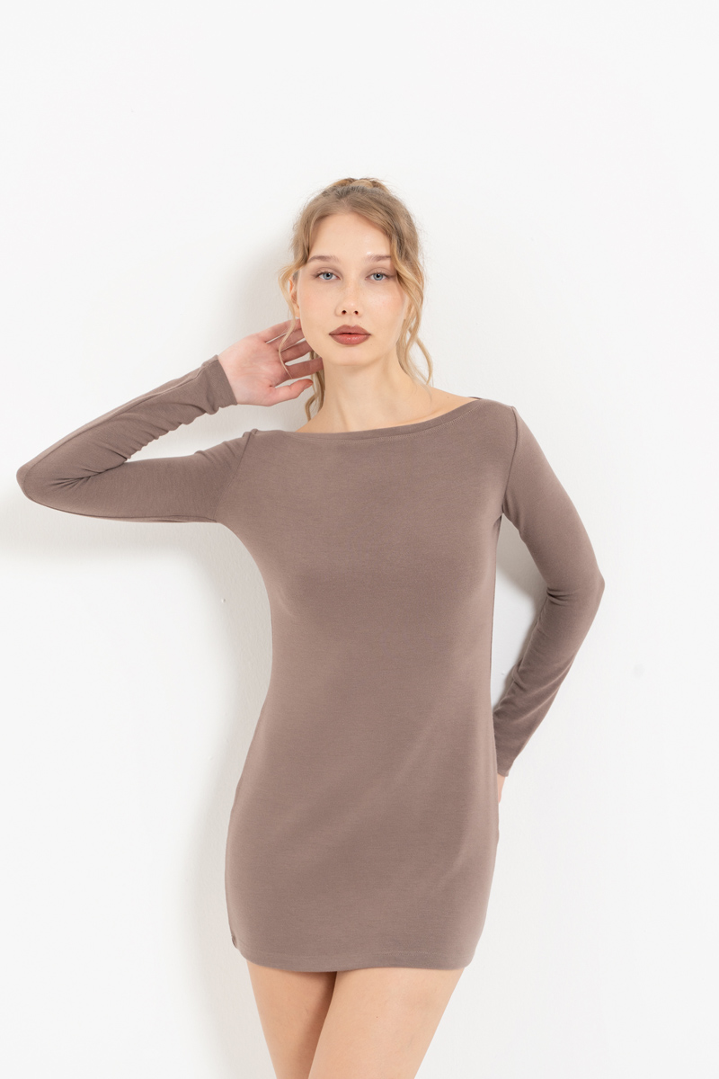 Dark Mink Boat-Neck Long-Sleeve Mini Dress