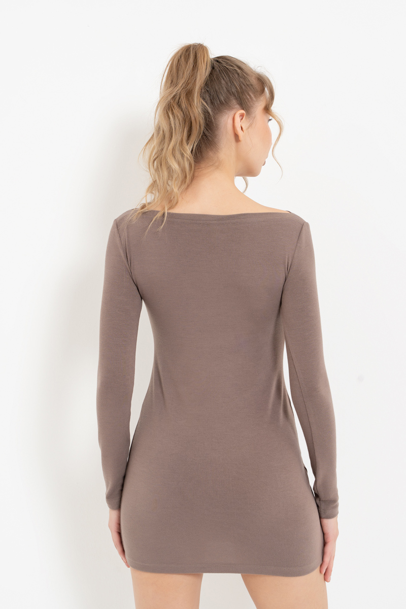 Dark Mink Boat-Neck Long-Sleeve Mini Dress