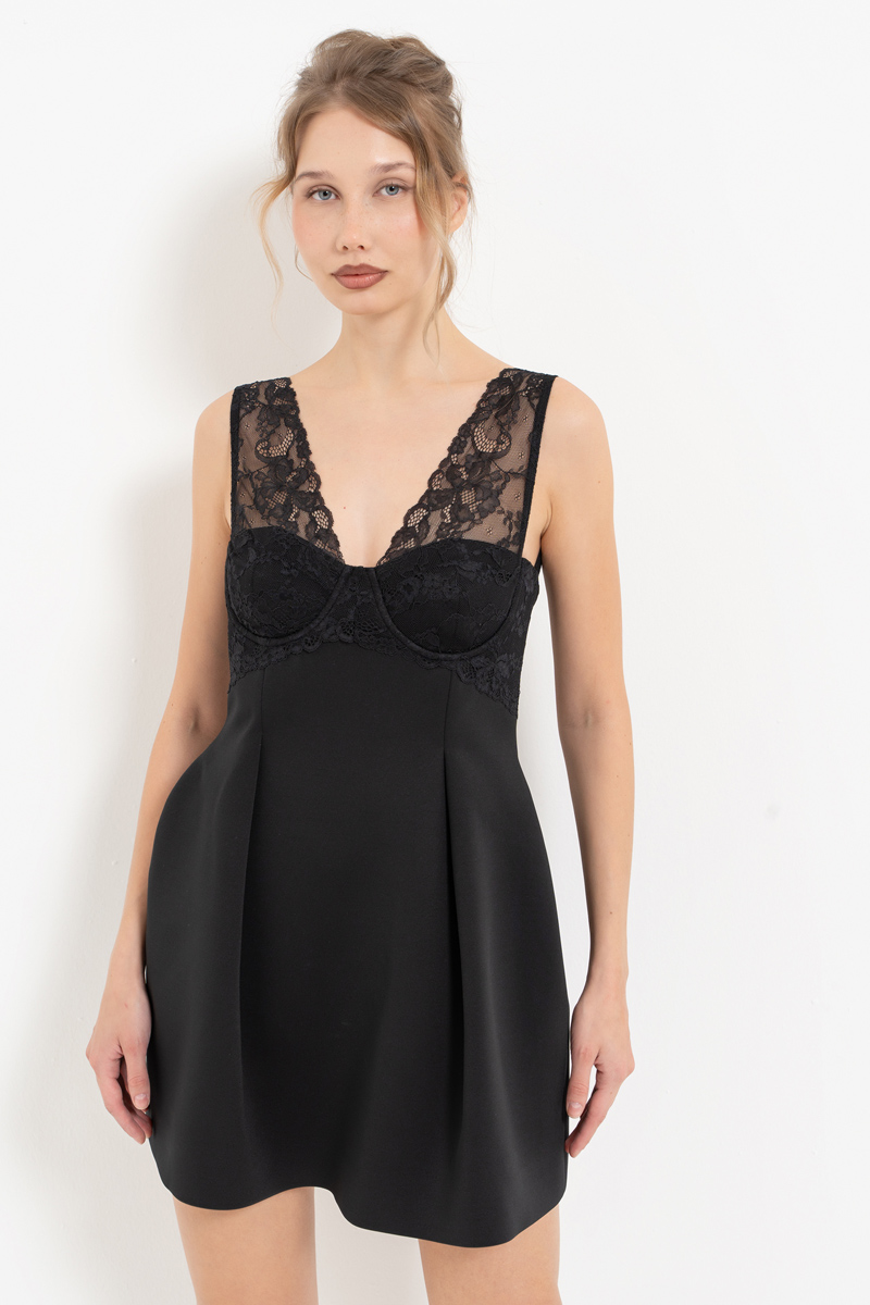 Black Lace-Yoke Sleeveless Dress