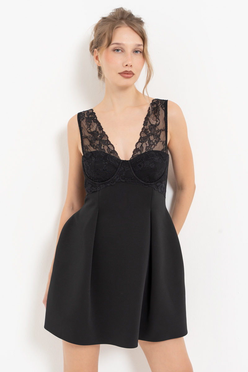 Black Lace-Yoke Sleeveless Dress