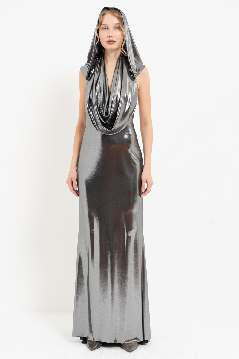 Shiny Black-Silver Cowl-Neck Dress with Hood