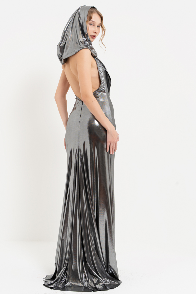 Shiny Black-Silver Cowl-Neck Dress with Hood