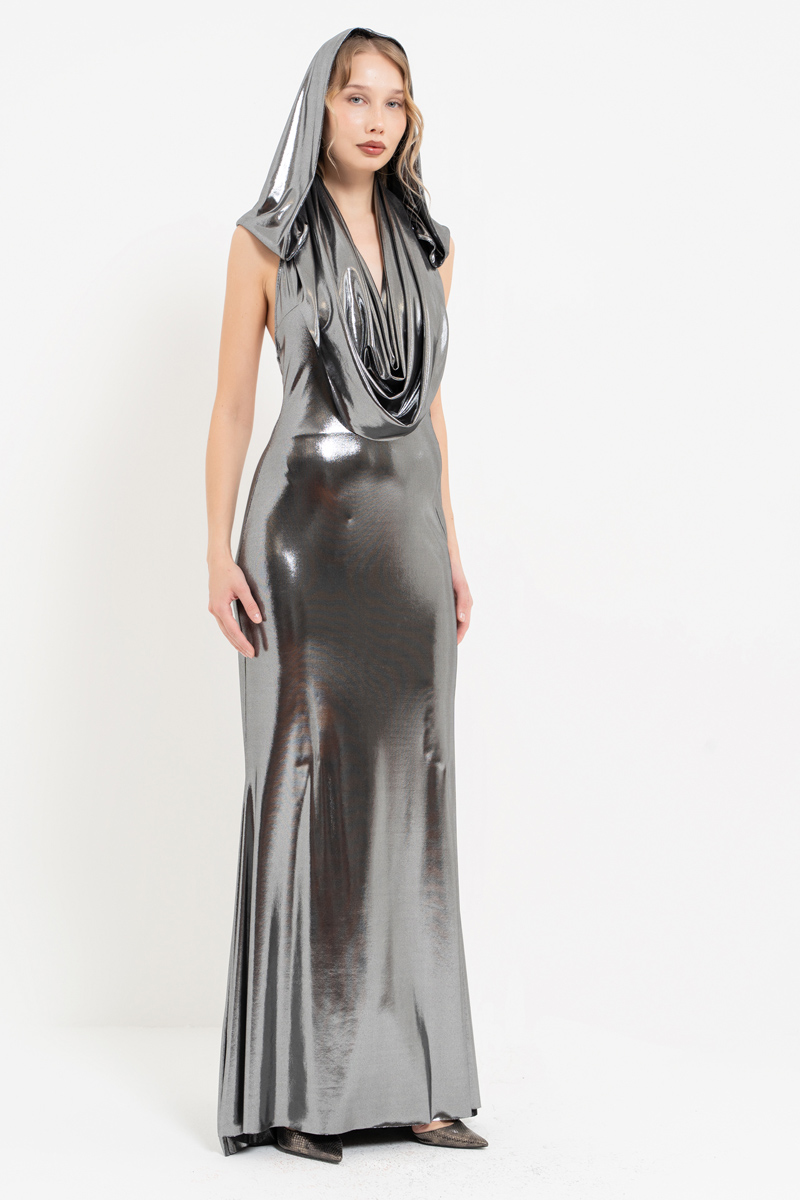 Shiny Black-Silver Cowl-Neck Dress with Hood