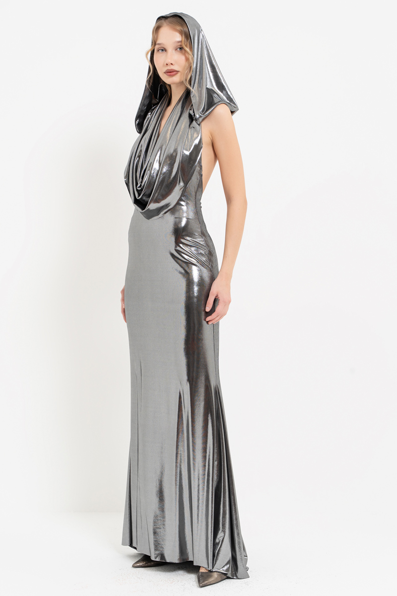 Shiny Black-Silver Cowl-Neck Dress with Hood