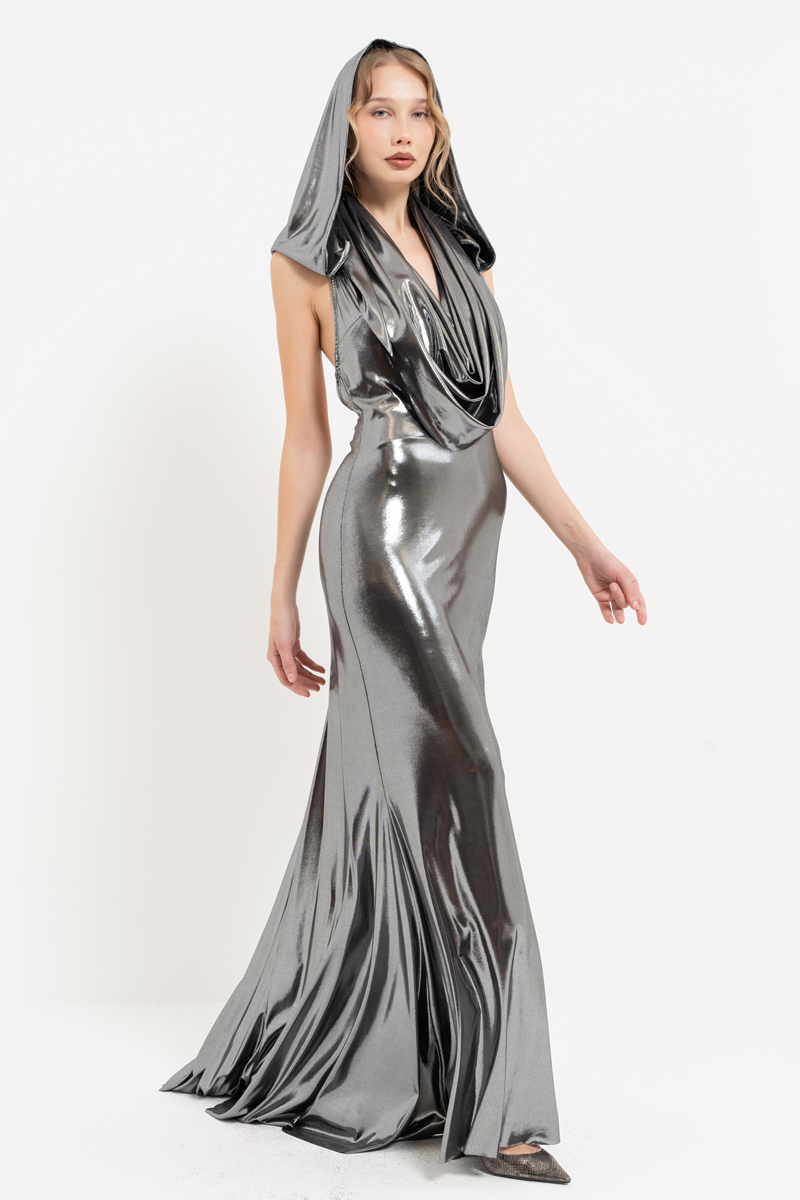 Shiny Black-Silver Cowl-Neck Dress with Hood