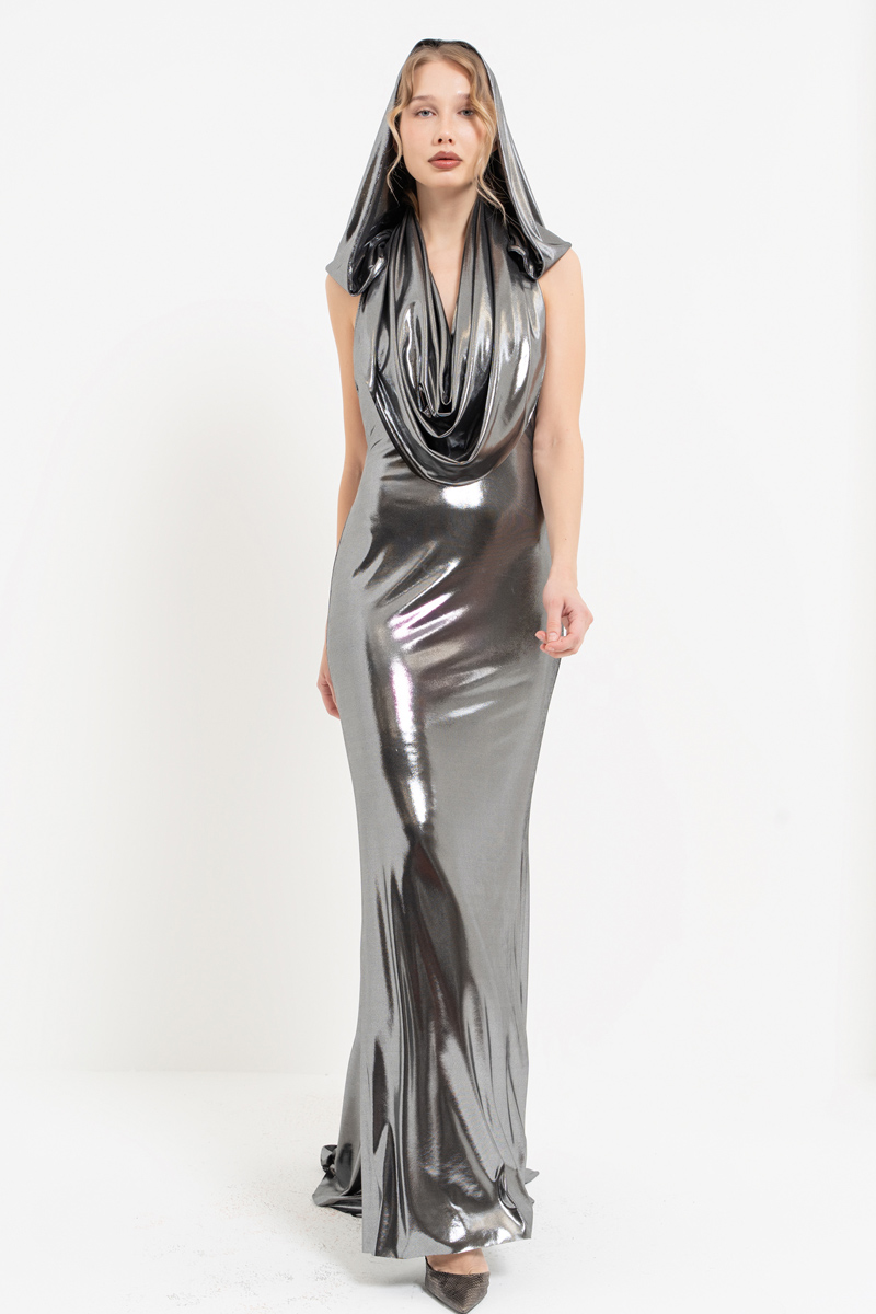 Shiny Black-Silver Cowl-Neck Dress with Hood