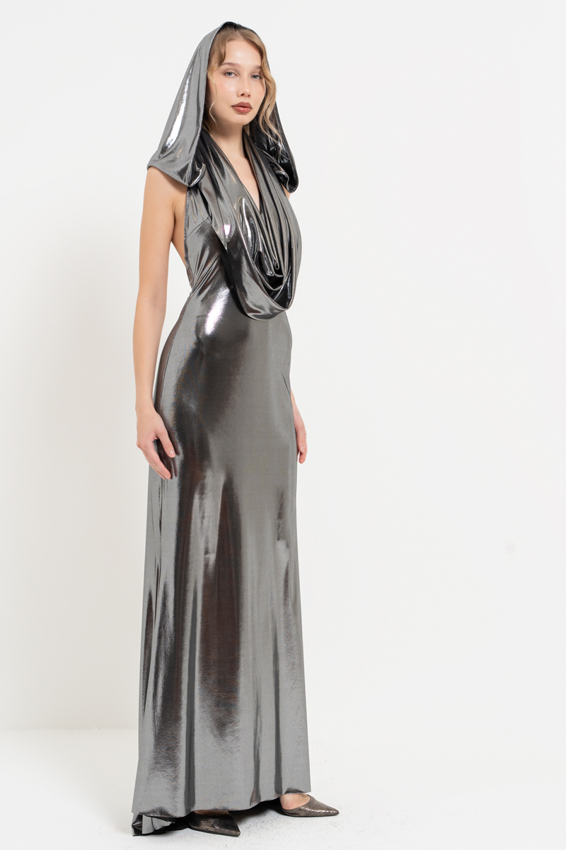 Shiny Black-Silver Cowl-Neck Dress with Hood