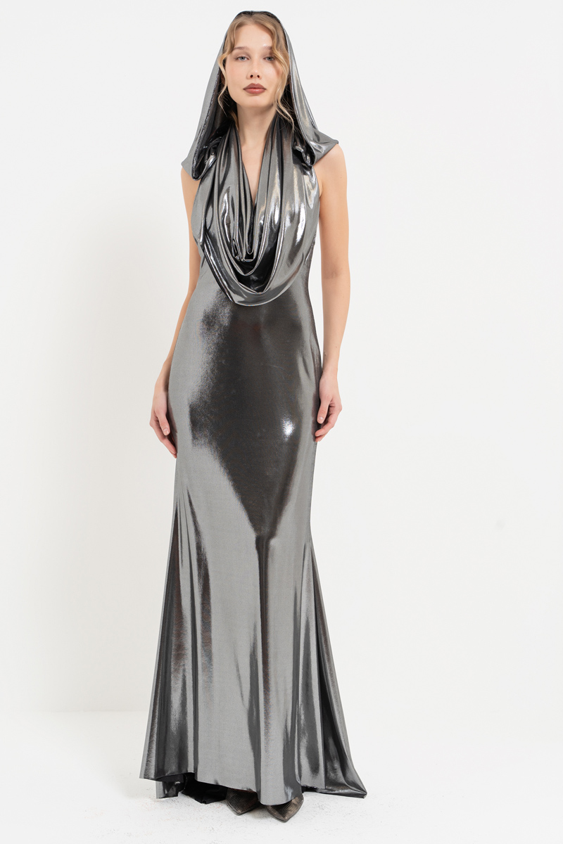 Shiny Black-Silver Cowl-Neck Dress with Hood