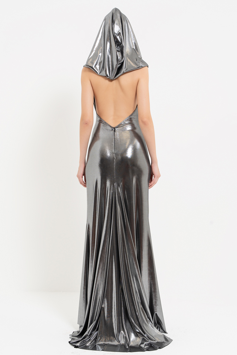 Shiny Black-Silver Cowl-Neck Dress with Hood