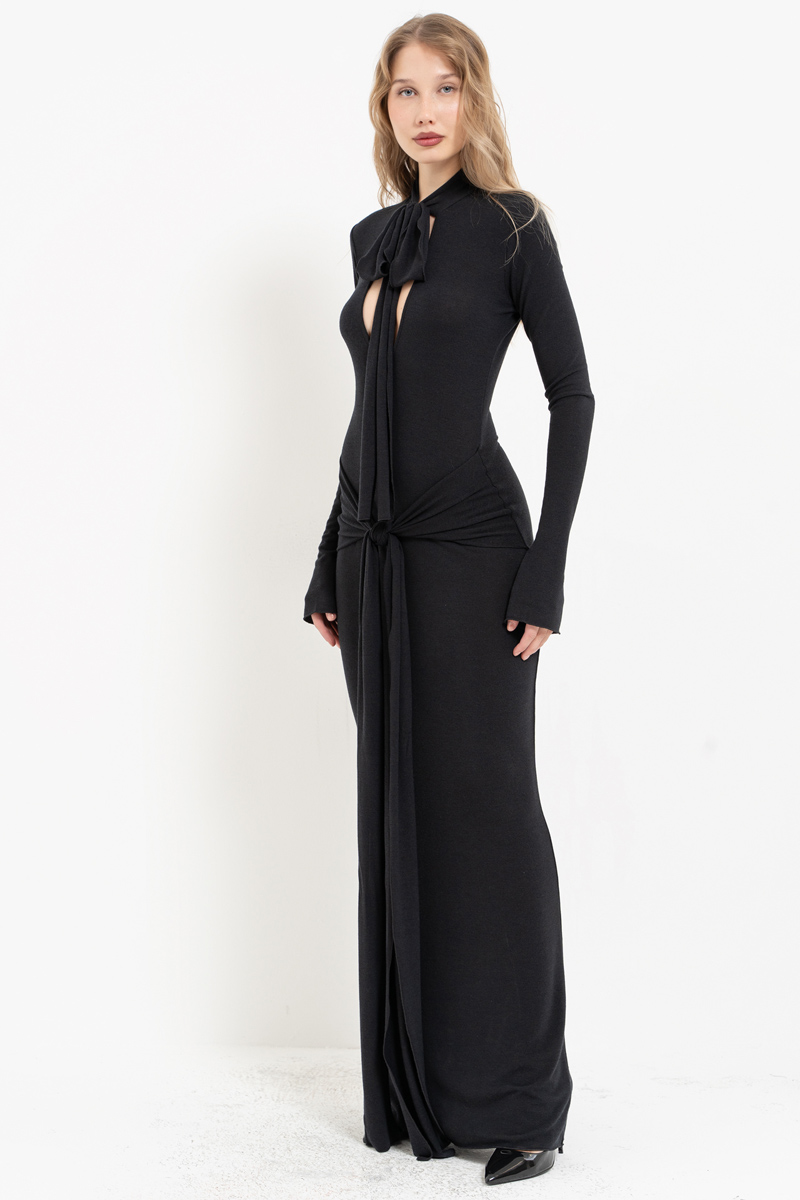 Black Long-Sleeve Tie-Accent Dress