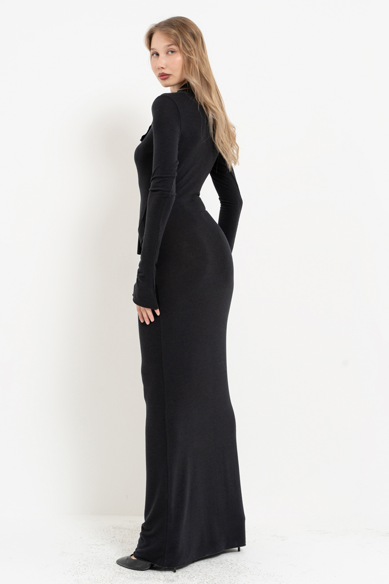 Black Long-Sleeve Tie-Accent Dress