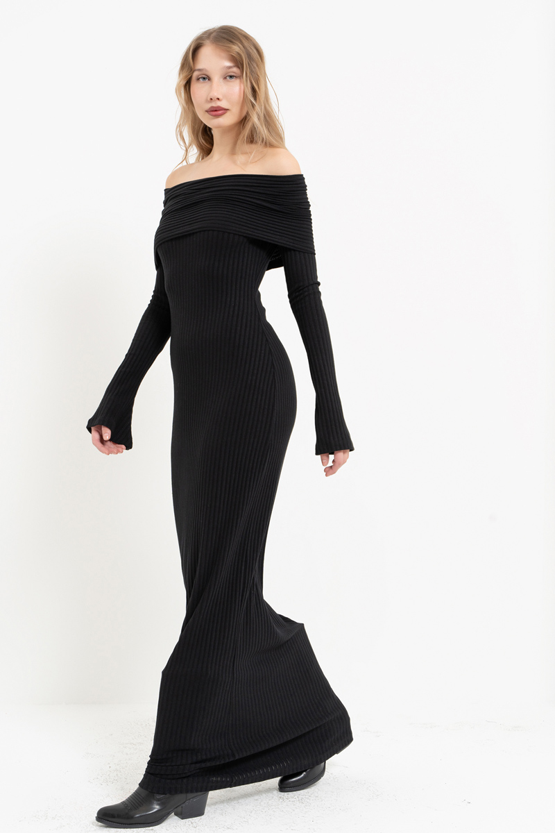 Black Off-the-Shoulder Long-Sleeve Dress