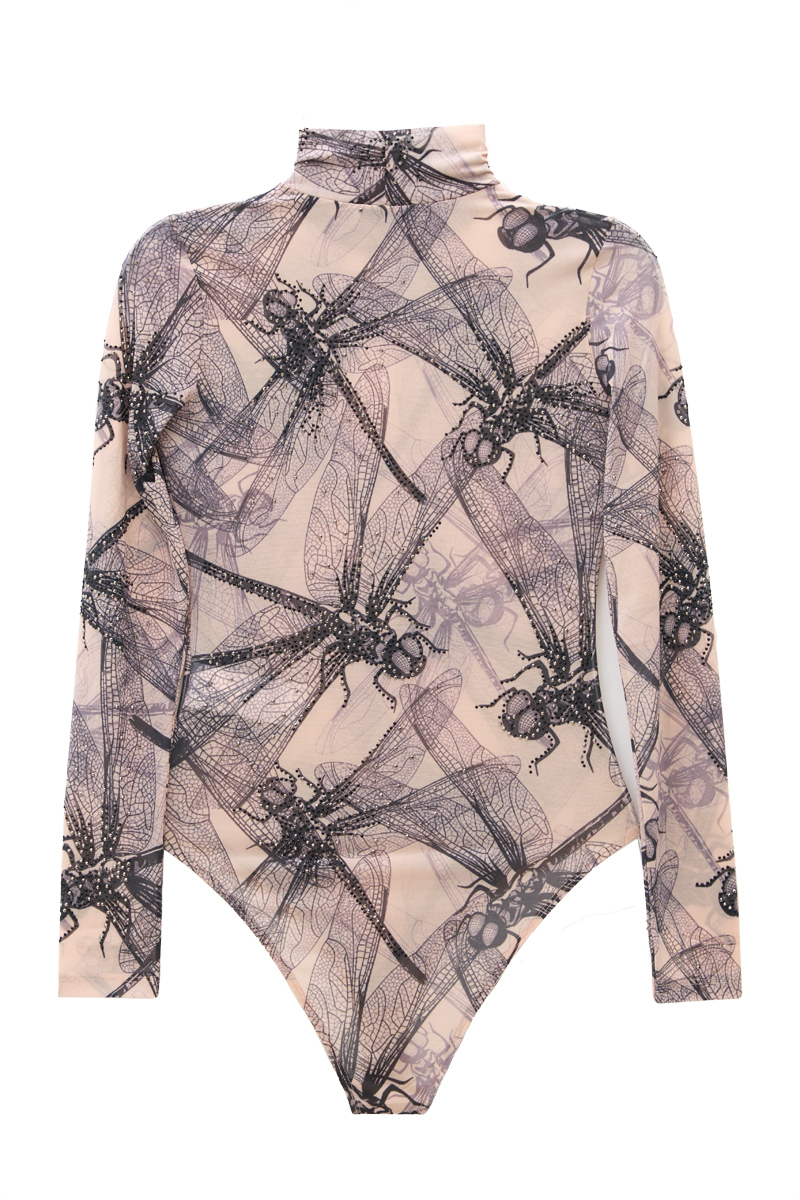 Ten Dragonfly Print Mesh Bodysuit