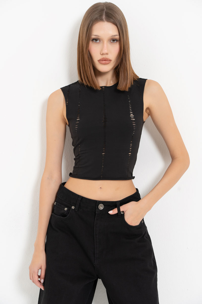 Black Distressed Crop Top