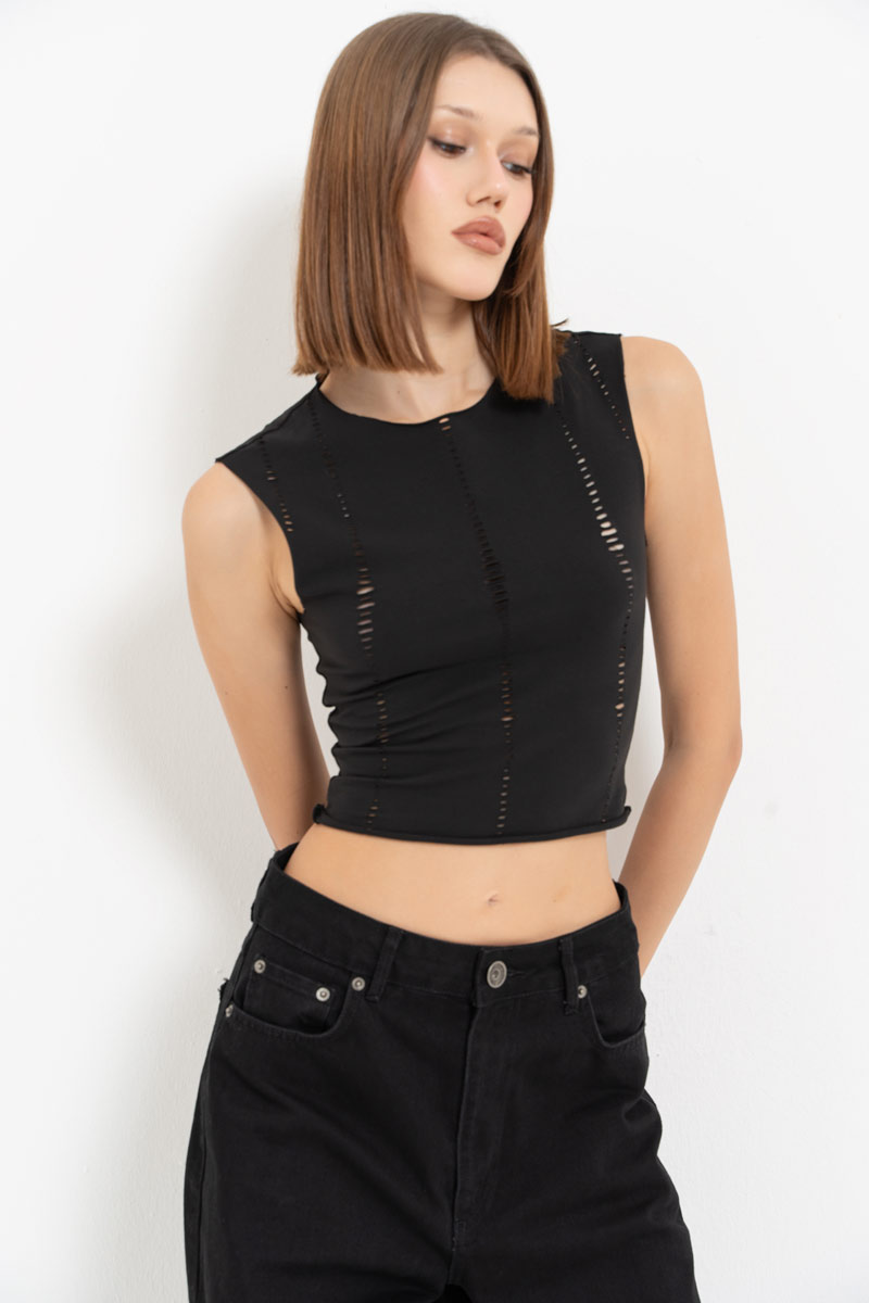 Black Distressed Crop Top