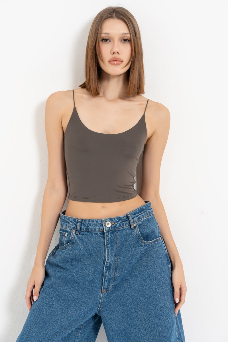 Khaki Spaghetti Strap Cropped Cami