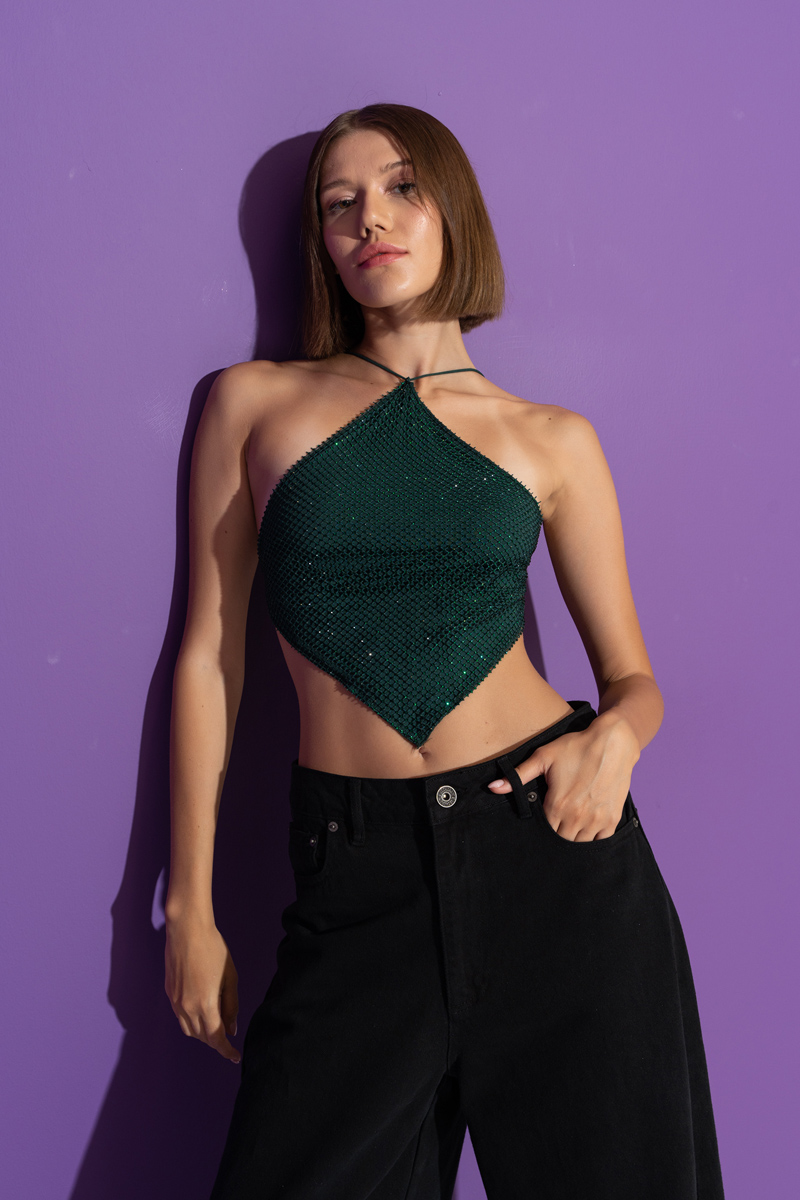 Emerald Green Embellished Bandana Top with Interior Lining