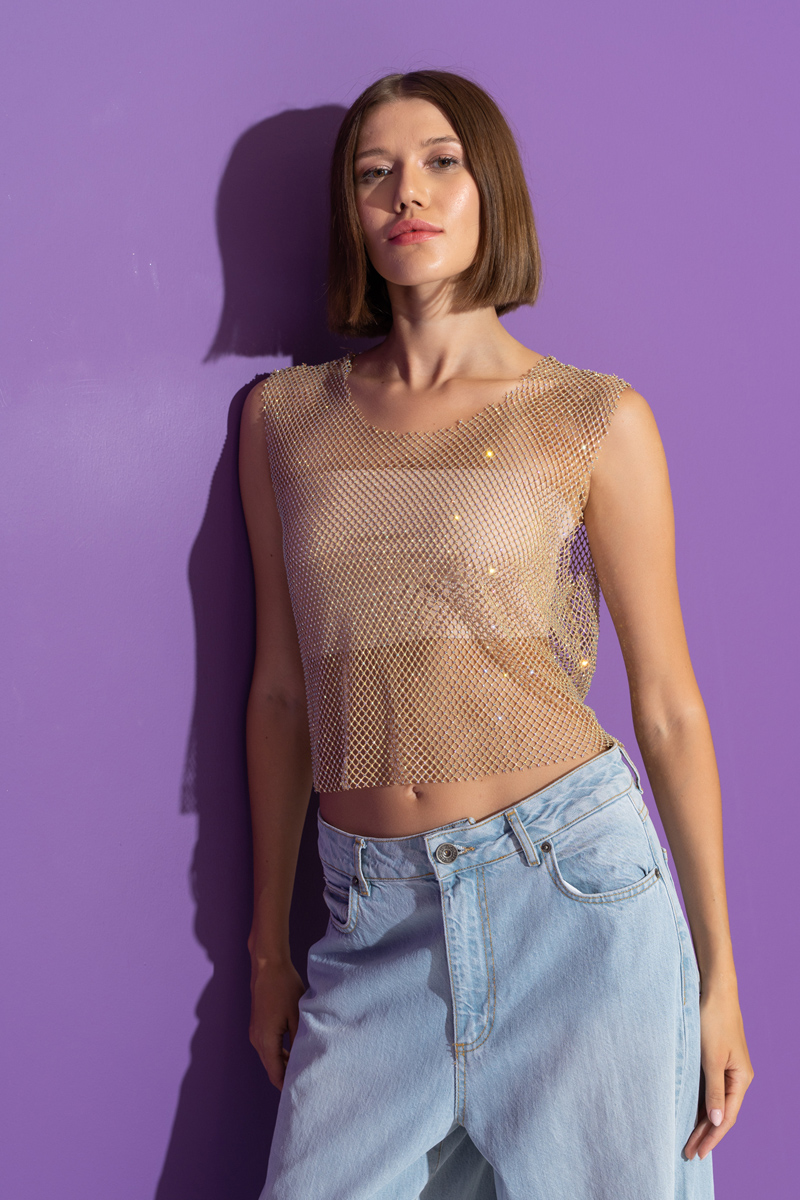 NUDE-JANJAN Embellished Net Top