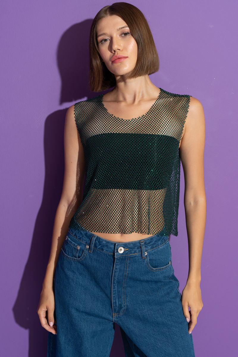 Emerald Green Embellished Net Top