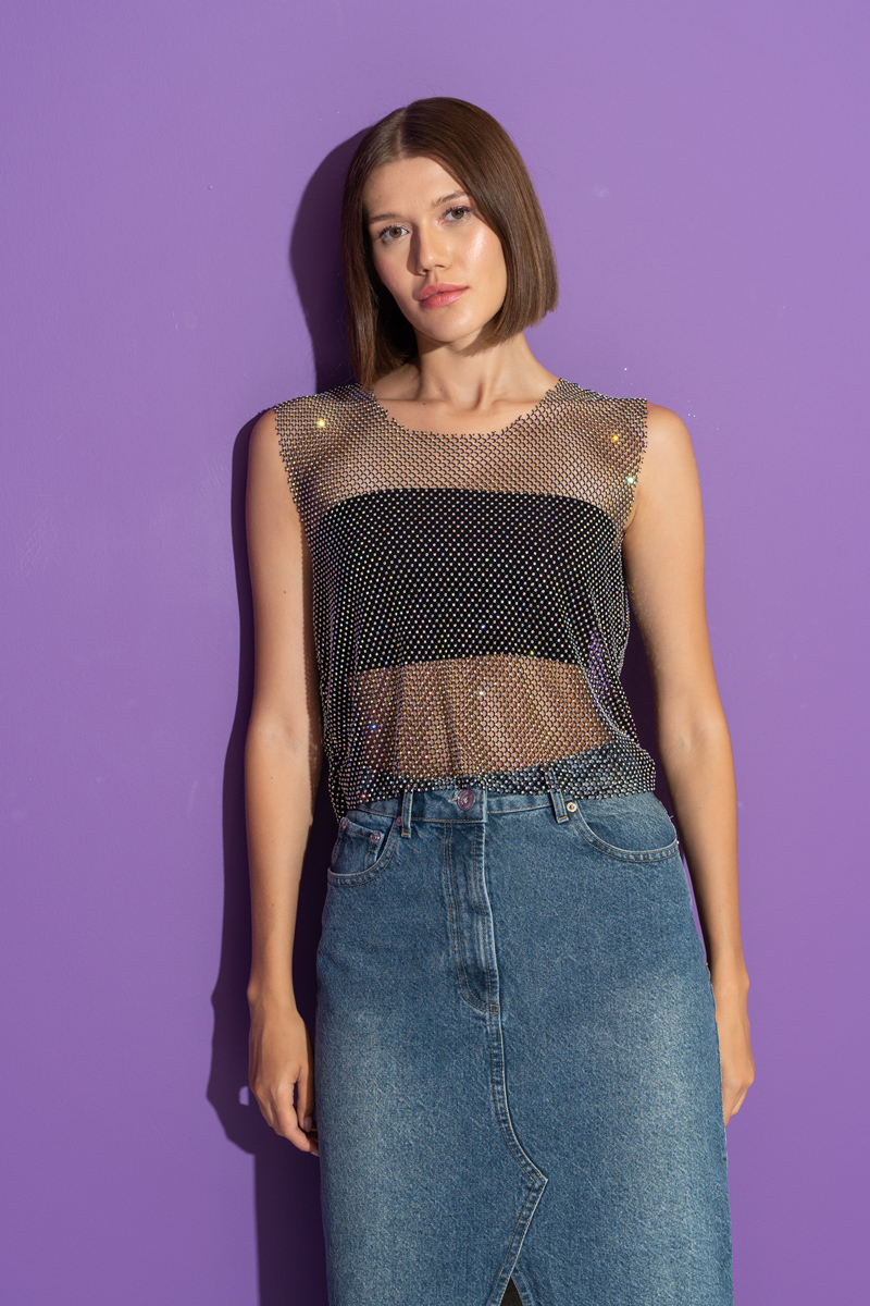 JANJAN-BLACK Embellished Net Top