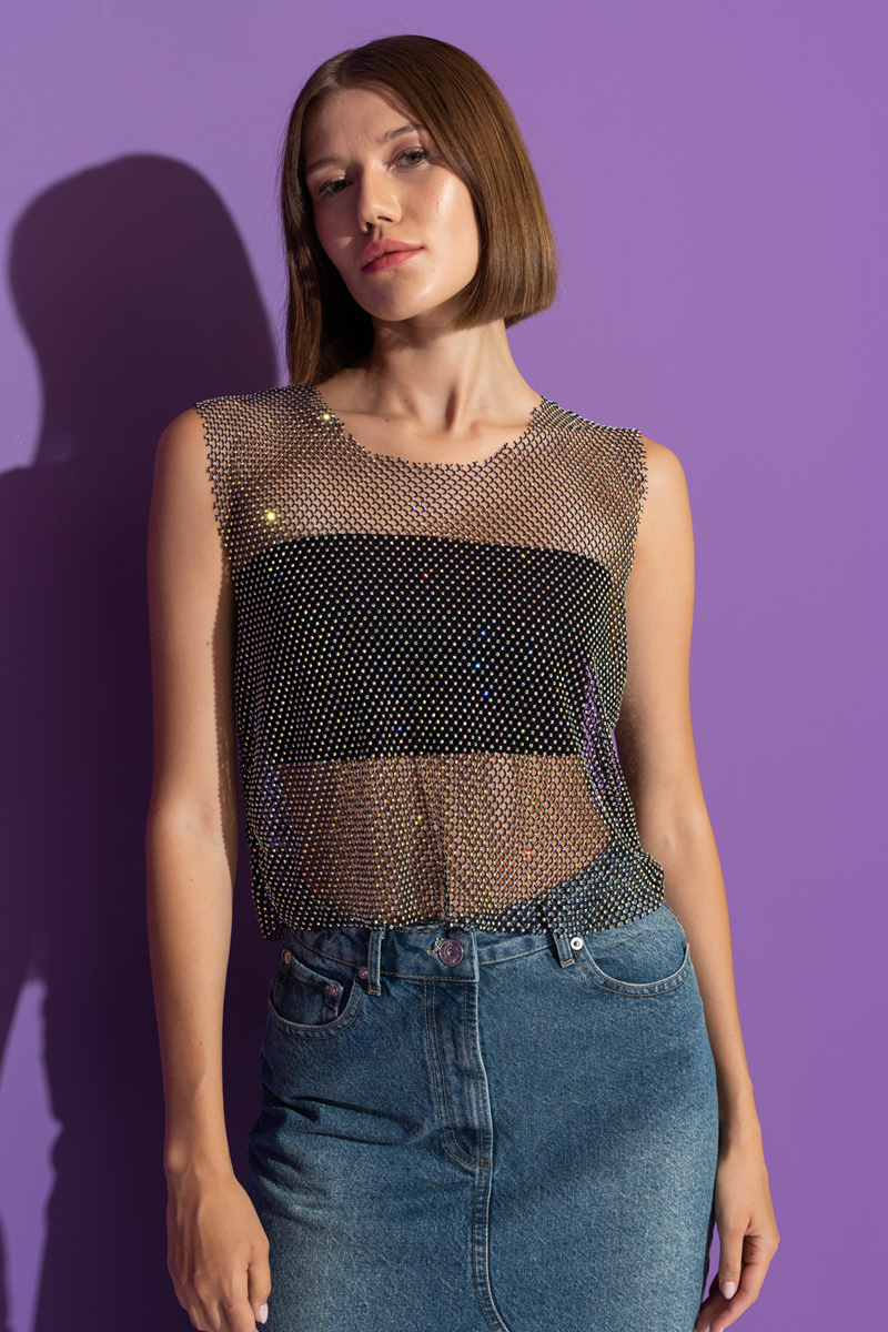 JANJAN-BLACK Embellished Net Top