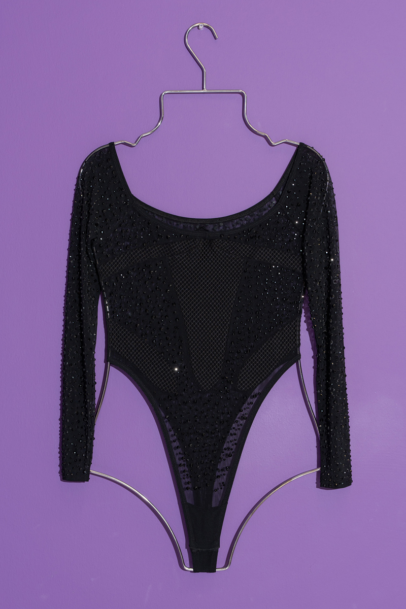 Black Off-the-Shoulder Embellished G-String Bodysuit