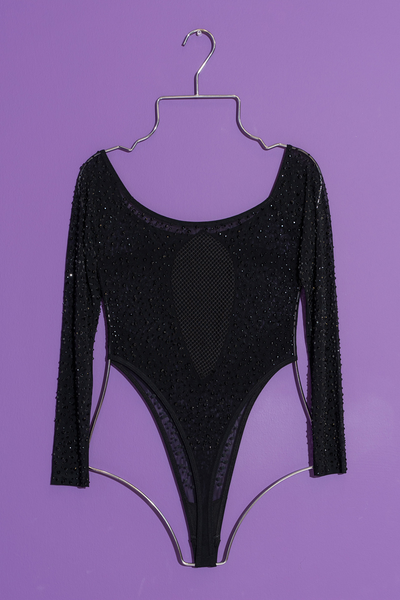 Wholesale Black Off-the-Shoulder Embellished G-String Bodysuit