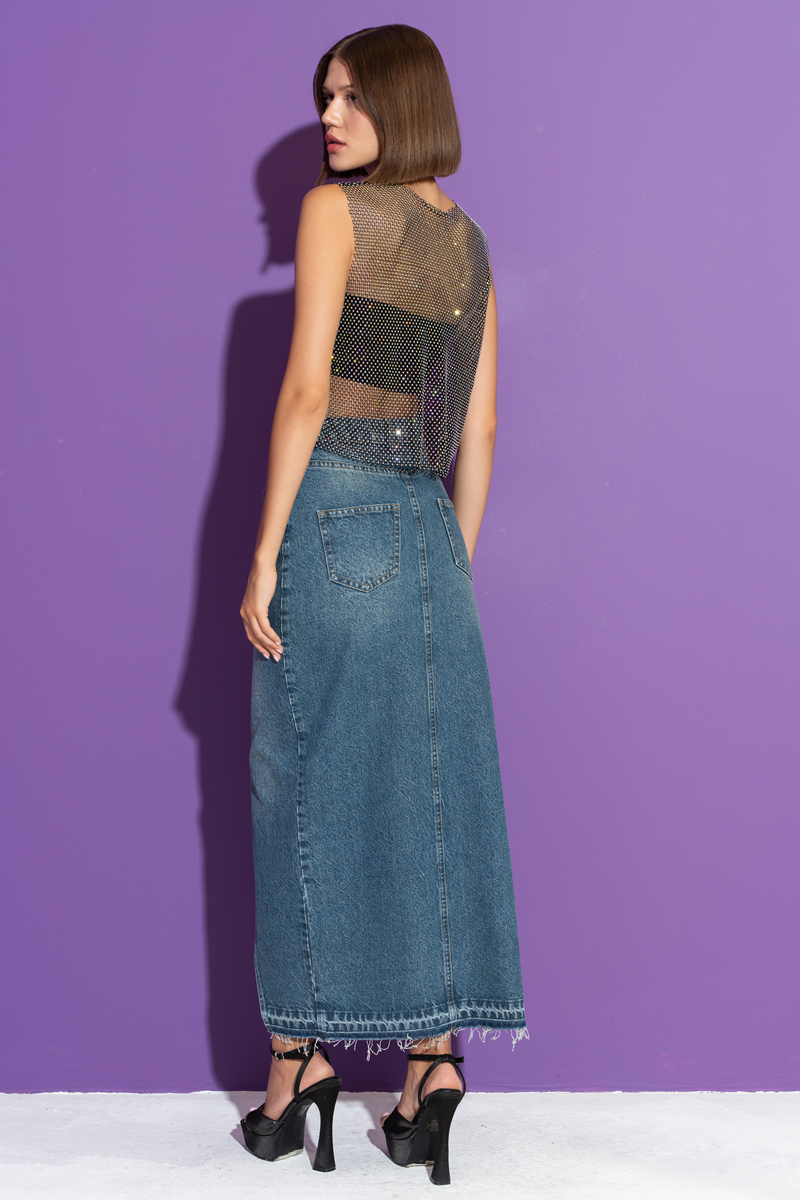 Blue Split-Front Denim Skirt