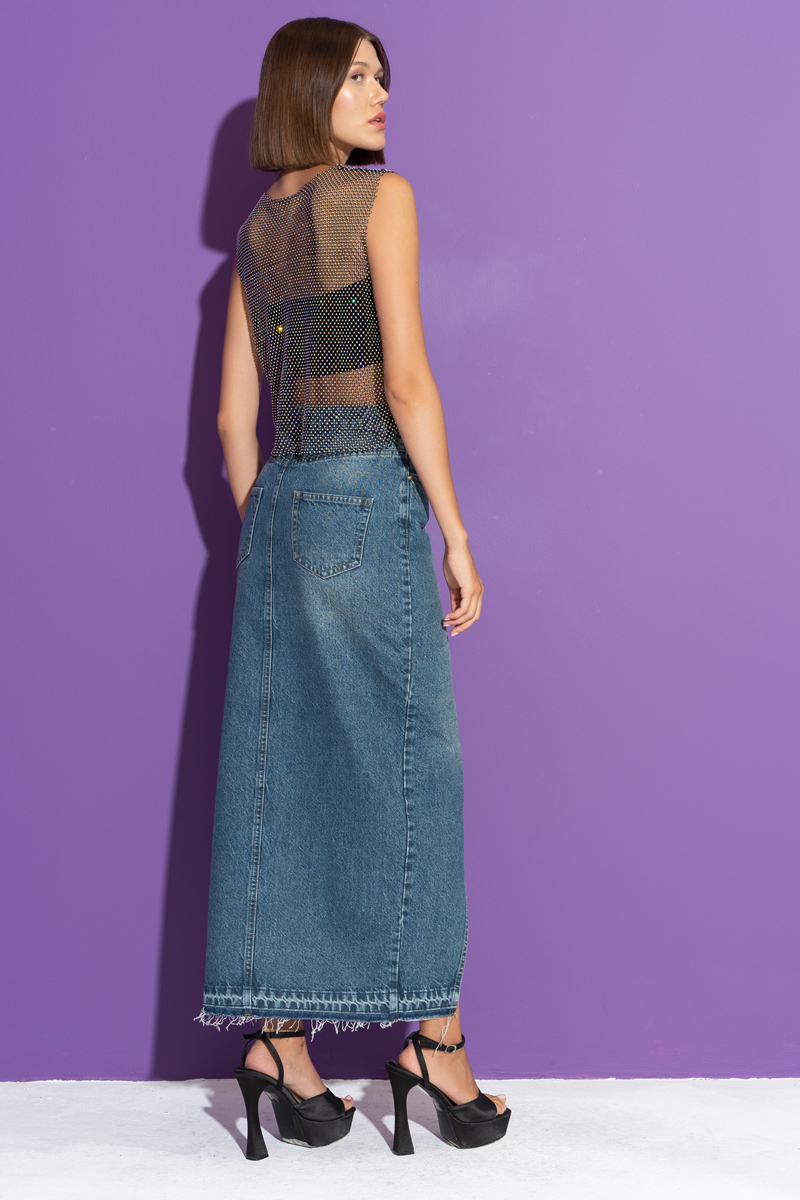 Blue Split-Front Denim Skirt