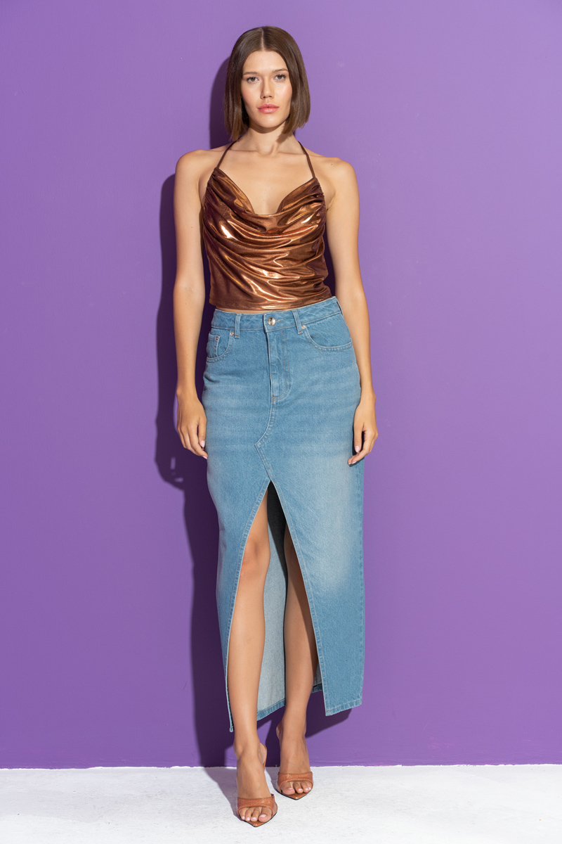 Wholesale Blue Split-Front Denim Skirt