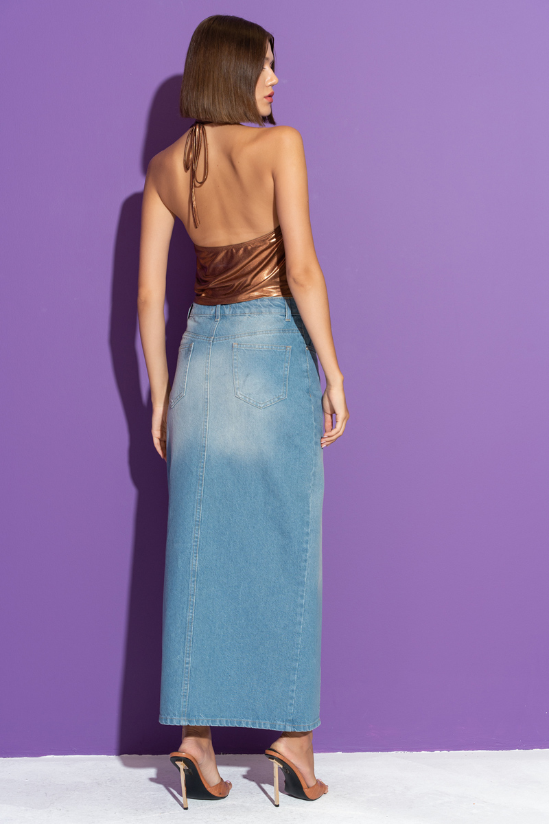 Blue Split-Front Denim Skirt