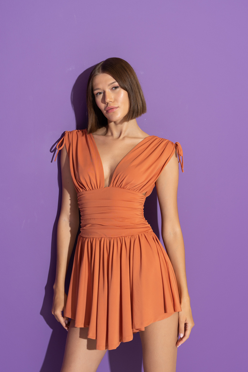 Wholesale Ochre Plunging Ruched Mini Dress