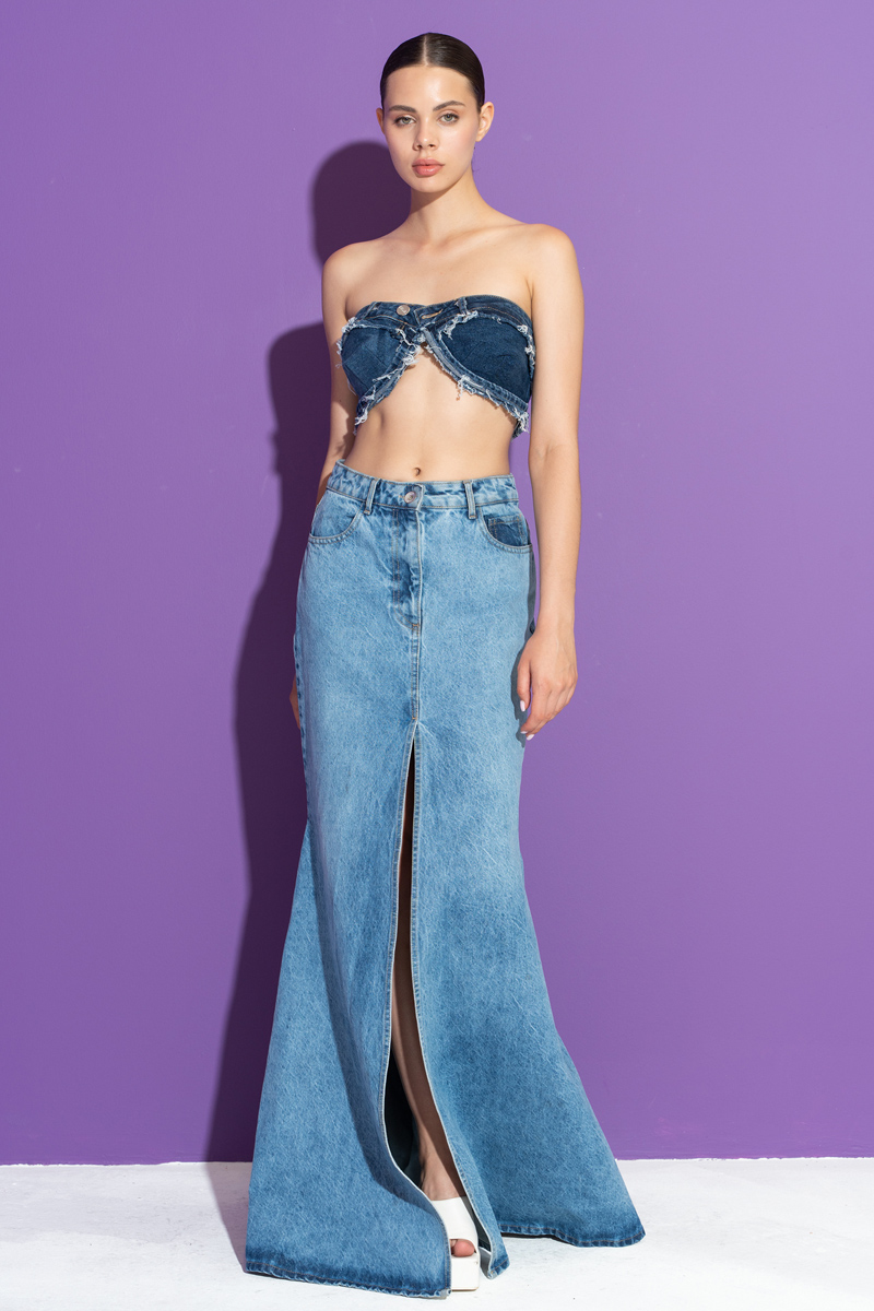 Blue Split-Front Denim Maxi Skirt