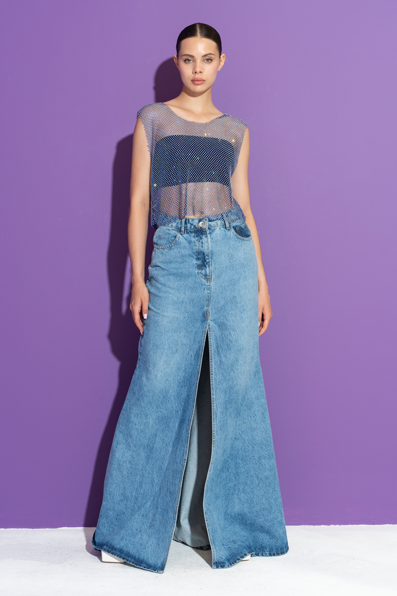 Wholesale Blue Split-Front Denim Maxi Skirt