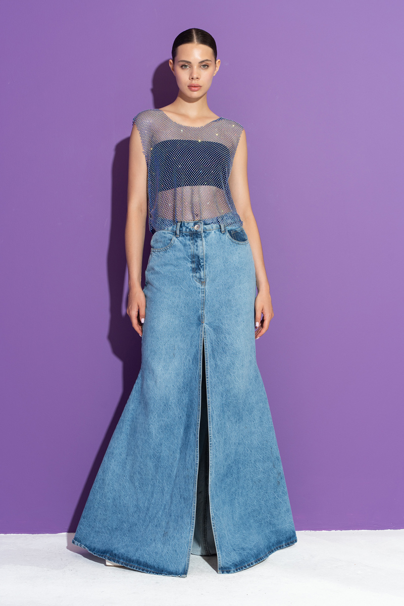 Blue Split-Front Denim Maxi Skirt